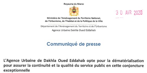 L'Agence Urbaine de Dakhla Oued Eddahab opte pour la dématérialisation pour assurer la continuité et la qualité du service public en cette conjoncture exceptionnelle